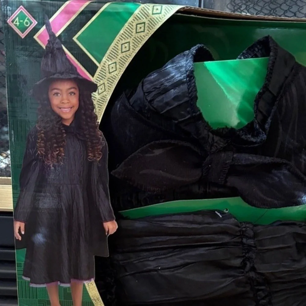 Wicked The Movie: Elphaba Kids Costume SZ 4-6X Dress & Hat Halloween Witch NEW